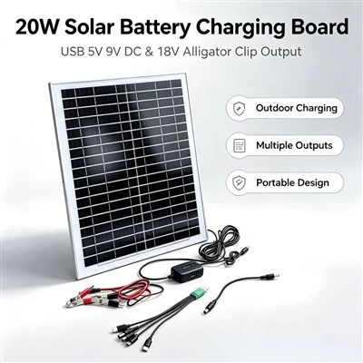 20W oplaadbord voor zonne-energie met USB 5V 9V DC en 18V krokodillenklemuitgang voor buitentoepassingen